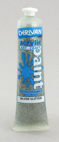 A bottle of Derivan 75ml Silver Glitter Acrylic Paint, ideal for vibrant art projects and versatile painting techniques.