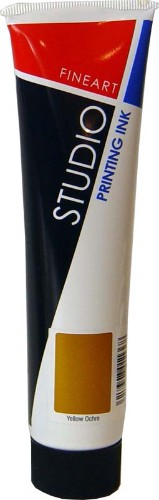 Bright yellow ochre printing ink in a 100ml bottle, ideal for vibrant, high-quality artwork and creative projects.