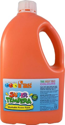 Bright orange non-toxic wash-off poster paint in a 2L bottle, ideal for art education and creative projects.