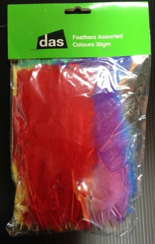Colorful assorted feathers in 30gm pack, perfect for crafting, DIY projects, and enhancing creative endeavors.