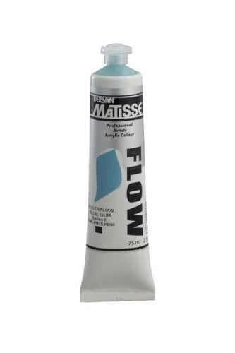 A 75ml bottle of Matisse Flow Acrylic Paint in Aust Blue Gum S2, featuring a smooth, free-flowing formula for vibrant artworks.
