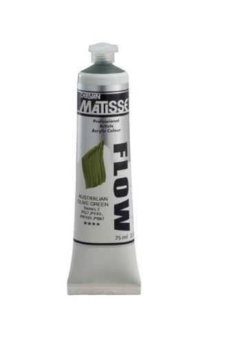 Matisse Flow 75ml acrylic paint in Aust Olive Green, featuring a smooth, fluid consistency for versatile artistic techniques.