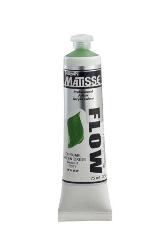 A bottle of Matisse Flow Acrylic Paint in vibrant Ch Green Ox S2, ideal for smooth brushwork and airbrush techniques.