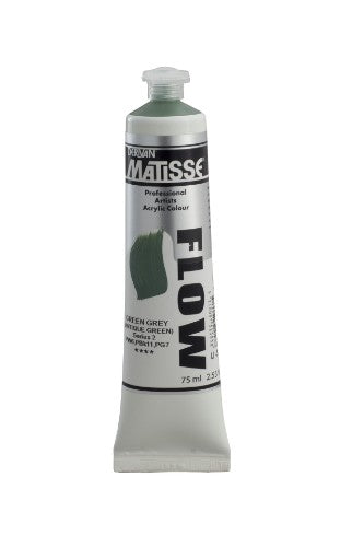 Acrylic paint tube labeled Matisse Flow in Green Grey S2, showcasing premium quality for versatile artistic techniques.