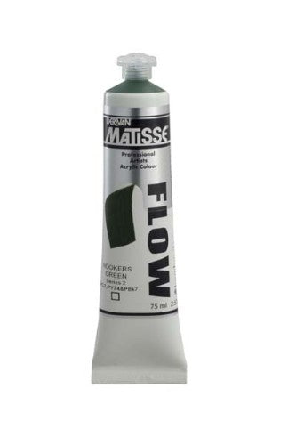 A 75ml bottle of Matisse Flow acrylic paint in Hookers Green S2, ideal for fluid brushstrokes and various surfaces.