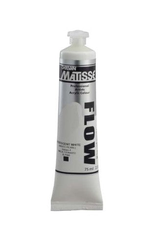 Matisse Flow 75ml Iridescent White acrylic paint, showcasing a smooth, low-sheen finish for versatile artistic applications.