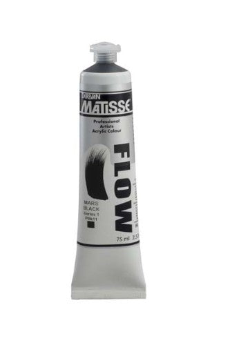 A 75ml tube of Matisse Flow Acrylic Paint in Mars Black, designed for smooth brushstrokes and detailed artwork.