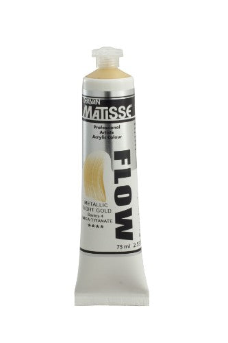 Matisse Flow 75ml Metallic Lt Gold acrylic paint, featuring a luxurious metallic sheen for vibrant, smooth artistic applications.