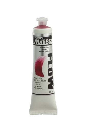Vibrant Matisse Flow Acrylic Paint in Rose Madder S7, 75ml tube, ideal for free-flowing brushstrokes and versatile techniques.