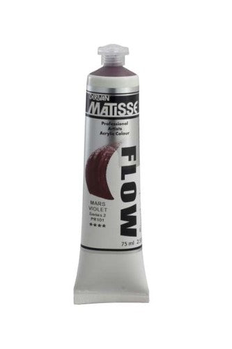A tube of Matisse Flow Acrylic Paint in Mars Violet S2, 75ml, known for its fluidity and vibrant low-sheen finish.
