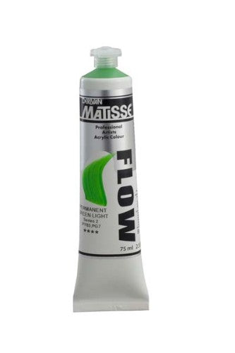 Matisse Flow 75ml Perm Green Lt S2 acrylic paint, ideal for detailed work and free-flowing brushstrokes with a low-sheen finish.