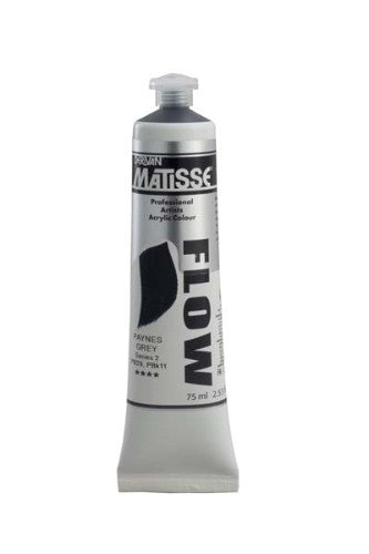 A 75ml bottle of Matisse Flow Acrylic Paint in Paynes Grey S2, ideal for free-flowing brushstrokes and various artistic techniques.