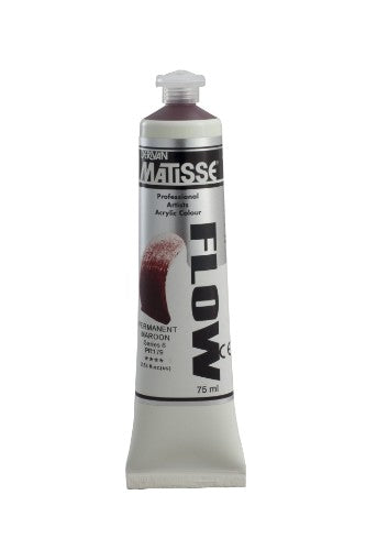 Vibrant Matisse Flow Permanent Maroon acrylic paint in 75ml, ideal for smooth brushwork and versatile artistic applications.