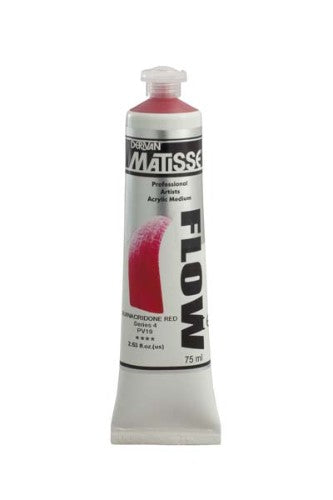 Matisse Flow 75ml Quinacridone Red acrylic paint, featuring a vibrant shade and smooth, free-flowing application for versatile art.