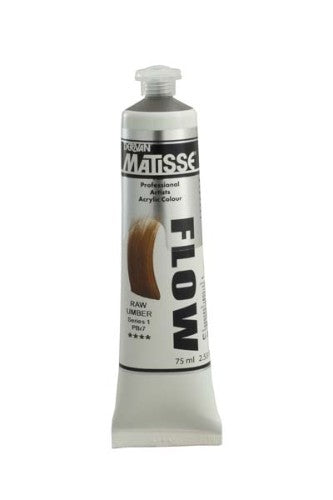 Matisse Flow 75ml Raw Umber S1 acrylic paint tube, showcasing its fluid consistency and rich, versatile color for artists.