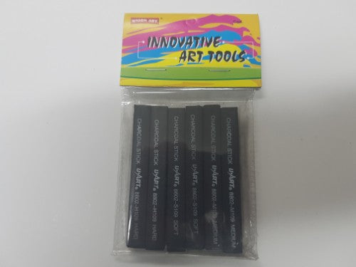 Set of 6 DAS Compressed Charcoal sticks, ideal for blending and rich tones in artistic creations, measuring 80x10x10mm each.