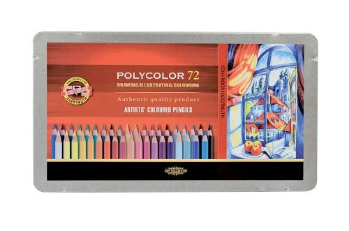 A set of 72 vibrant Polycolor pencils, designed for smooth application and excellent blendability in artistic projects.