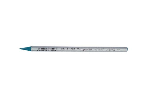 Vibrant pack of 12 Progresso Aquarelle colored pencils in Bluegreen, featuring hexagonal barrels for grip and water-activated blending.