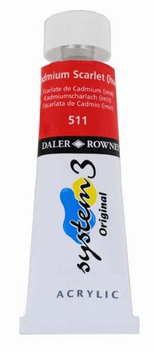 Vibrant 75ml Rown System 3 Cad Scarlet (Hue) acrylic paint, ideal for detailed artwork with great coverage and blendability.