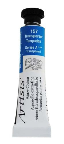 Bright turquoise watercolor paint in a 5ml tube, featuring high-quality, lightfast pigments for artists and enthusiasts.