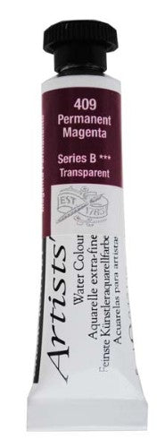 Vibrant 5ml tube of Daler-Rowney Permanent Magenta watercolor, ideal for professional artists seeking rich, free-flowing colors.