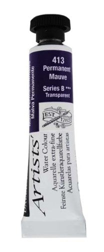 5ml tube of Daler-Rowney Permanent Mauve watercolour, showcasing vibrant color and exceptional lightfastness for artists.