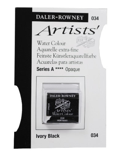 Premium half pan of Daler Rowney Ivory Black watercolour, ideal for creating rich, smooth washes and fine details in art.