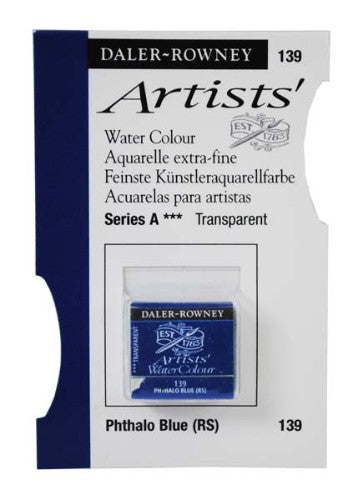 Daler Rowney Phthalo Blue watercolour half pan, vibrant pigment for seamless blending and smooth washes in art projects.