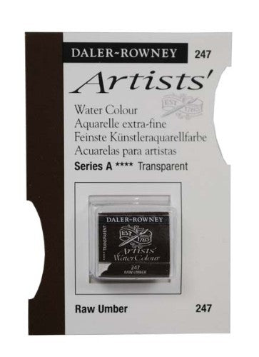 Daler Rowney Raw Umber watercolour half pan, rich warm color ideal for depth in art, smooth washes, and easy blending.