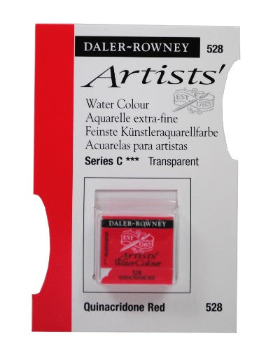 Daler Rowney Aquafine Quinacridone Red watercolour half pan, known for its vibrant, transparent hue and smooth application.