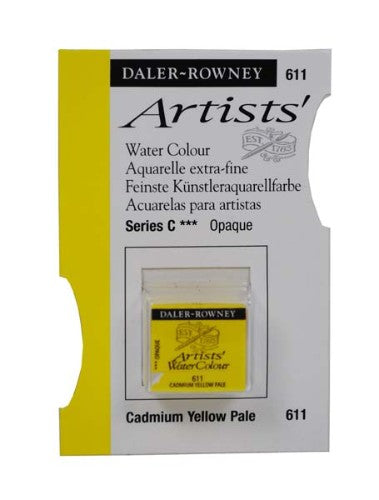 Vibrant Daler Rowney Cad Yellow Pale watercolour half pan for smooth, luminous washes in art projects.