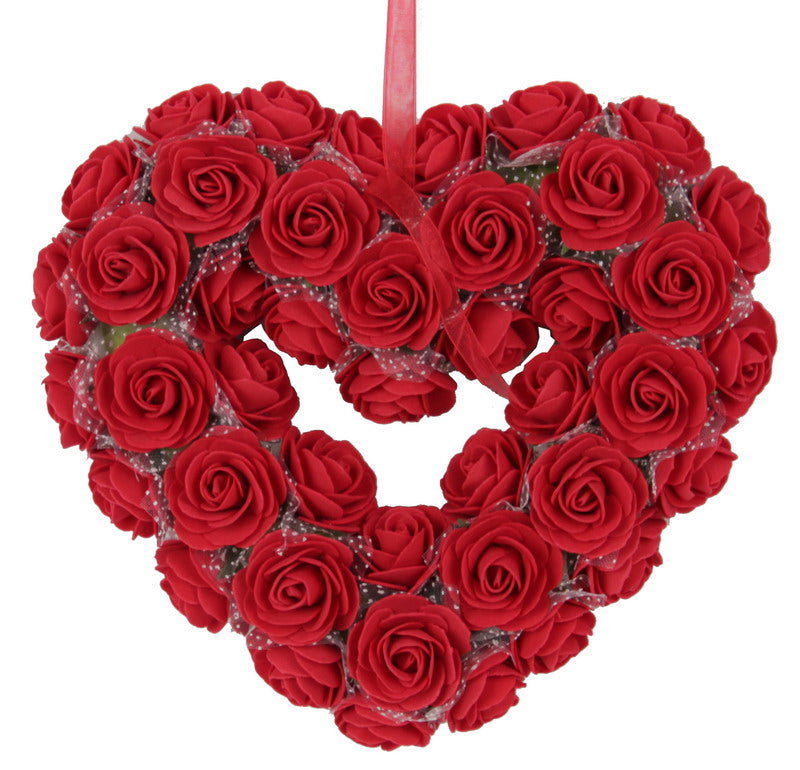 Medium red rose heart wreath, 19H x 21W x 5D, perfect for romantic decor and year-round elegance.