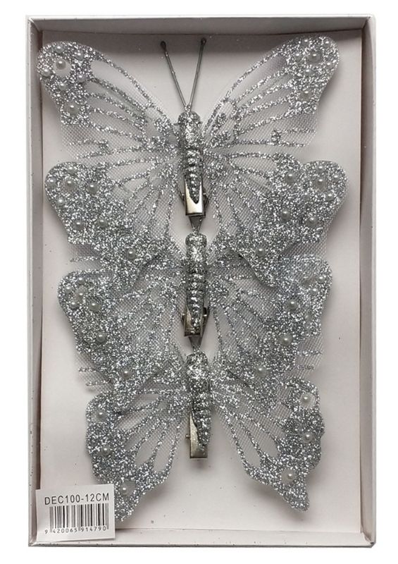 Sparkling silver glitter butterfly clips, 12cm, perfect for all ages; set of 3 packs with 3 clips each for stylish hair accessorizing.