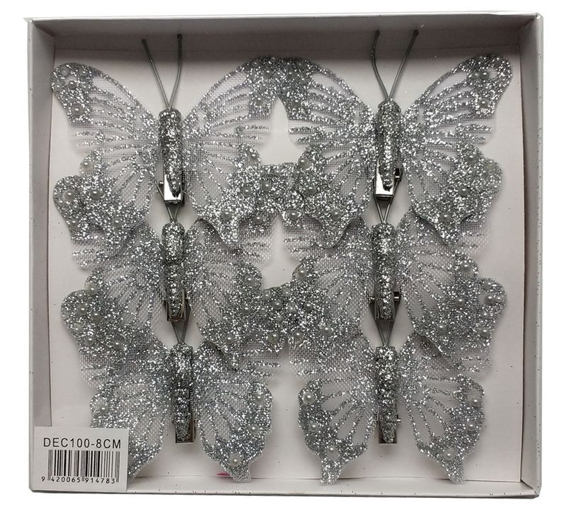 Elegant silver glitter butterfly clip set (8cm), ideal for stylish hairdos, includes 6 sturdy clips in 2 packs.