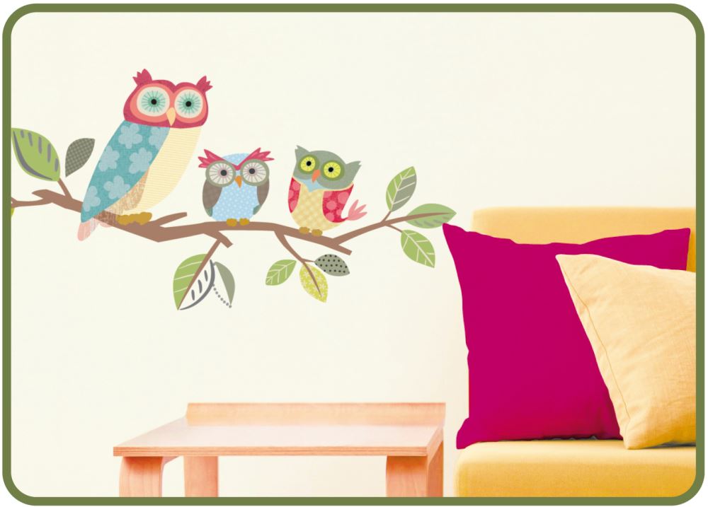 Colorful removable owl wall decal measuring 76cm long, perfect for adding whimsy to children's rooms and versatile decor.
