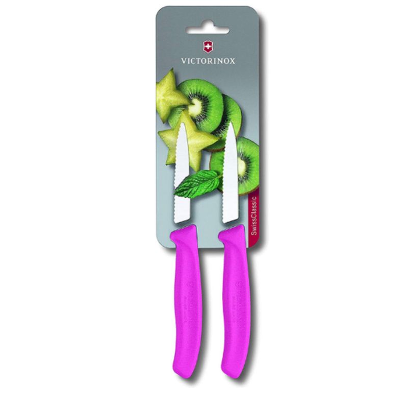 Set of 2 Victorinox paring knives with pointed tip and wavy edge, perfect for precision fruit and vegetable cutting.