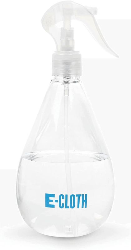 Clear E-Cloth water spray bottle with adjustable nozzle, holds 17.5 oz for easy cleaning with microfiber products.