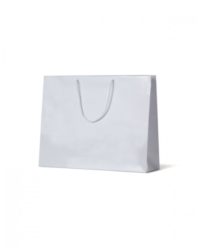 Glossy white laminated bags with rope handles, ideal for homewares and gifts, measuring 400x510mm with 150mm gusset. Pack of 50.