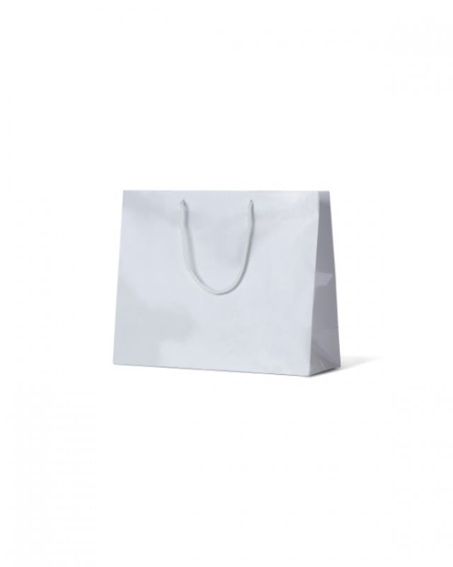 White laminated bags with glossy finish, 330mm x 405mm, ideal for retail, gifts, or eco-friendly packaging. Pack of 50.