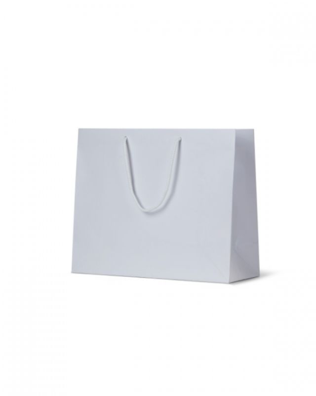 Stylish white laminated matte bags with gussets, perfect for retail clothing and homewares, pack of 50.