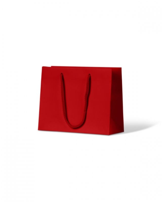 Red laminated matte petite bags with rope handles, ideal for small items, sold in a pack of 200.