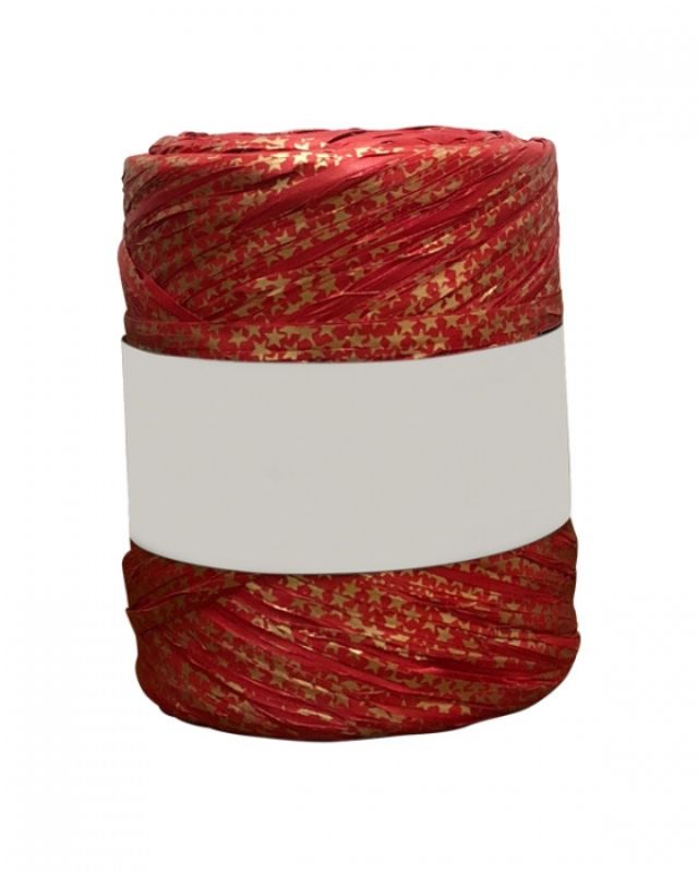 Gold on red star raffia ribbon, 5mm x 200m, perfect for elegant gift-wrapping and DIY projects.