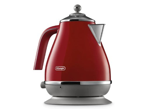 DeLonghi Icona Capitals Kettle in Tokyo Red, showcasing a sleek design, 1.7L capacity, and 360° cordless operation for convenience.