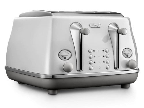 DeLonghi Icona Capitals Four Slice Toaster in sleek Sydney White, featuring four slots, bagel and defrost functions, and easy-to-clean crumb trays.