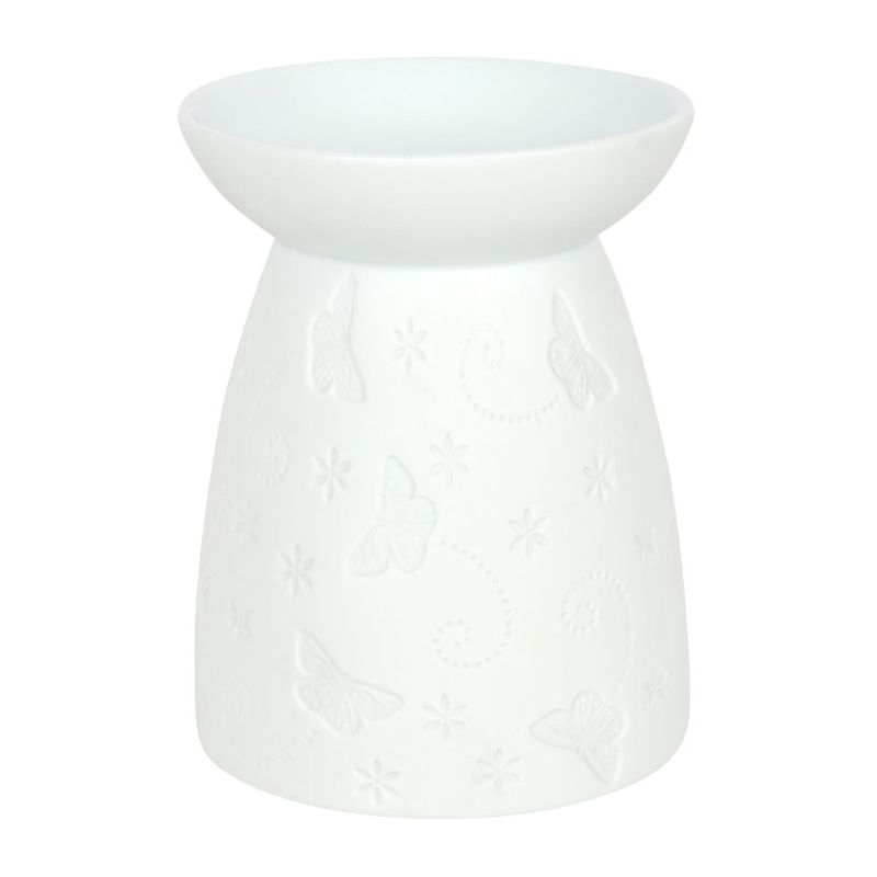 Elegant white ceramic butterfly oil burner, perfect for infusing calming scents in any decor style.
