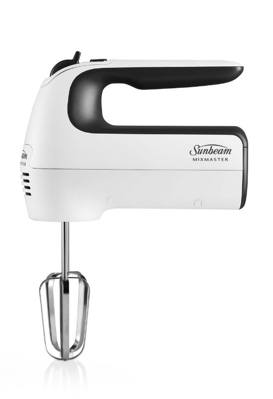 White Sunbeam Combo Pro Mixer - MIXMASTER® with 3.8L bowl, 6 speeds, stainless steel attachments, and versatile hand/stand functionality.