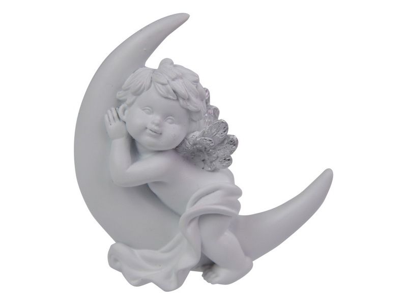 Set of 6 9cm cherub ornaments resting on crescent moons with delicate details and shimmering finishes, perfect for festive decor.