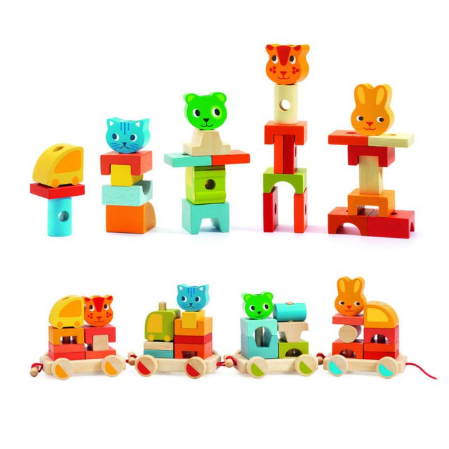 Colorful wooden Pull Along Train by Djeco with 34 pieces to inspire creativity and develop motor skills in toddlers.