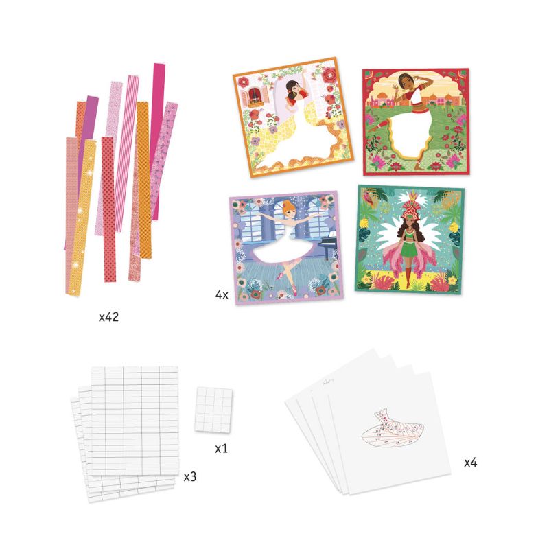 Craft kit featuring colorful dresses and accessories for four dancers, showcasing Iris Paper Folding for creative kids aged 7-13.