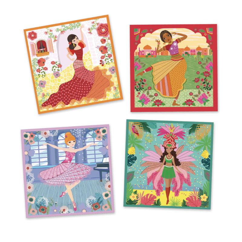 Colorful Iris Folding Dancers craft kit by Djeco for ages 7-13, featuring vibrant paper strips and illustrated instruction cards.